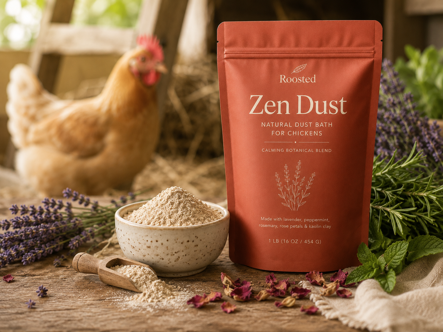 Roosted Zen Dust natural dust bath pouch on a rustic wooden table beside a bowl of botanical dust, wooden scoop, fresh lavender, rosemary and mint, with a hen resting in the coop behind